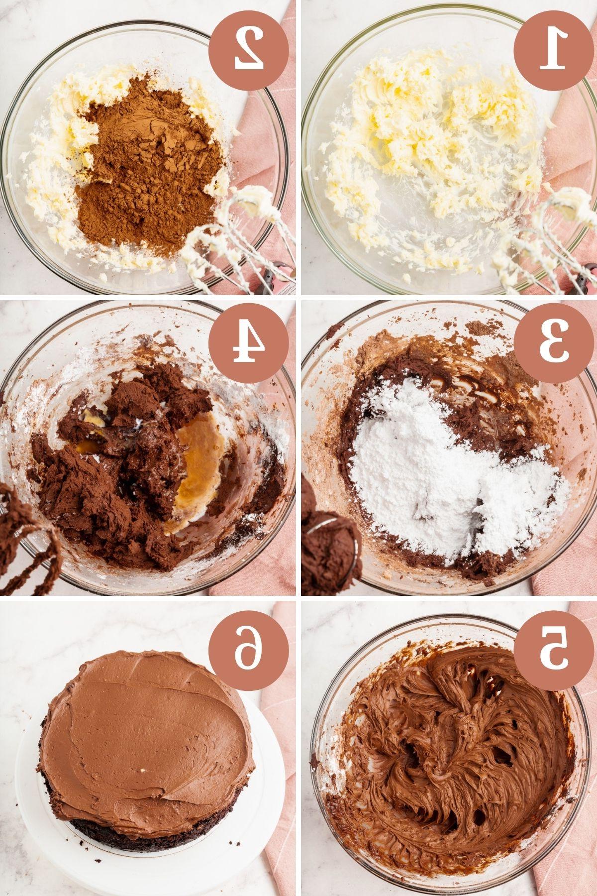 Steps for making gluten-free chocolate cake chocolate frosting.