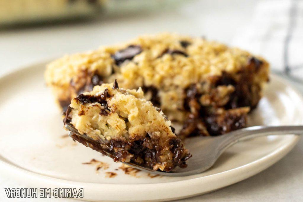 bite of baked chocolate chip oatmeal on fork