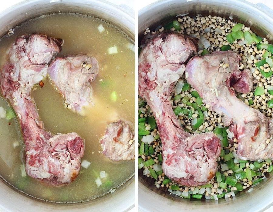 ham bones cooking in a large pot with black eyed peas, bell peppers and chicken broth