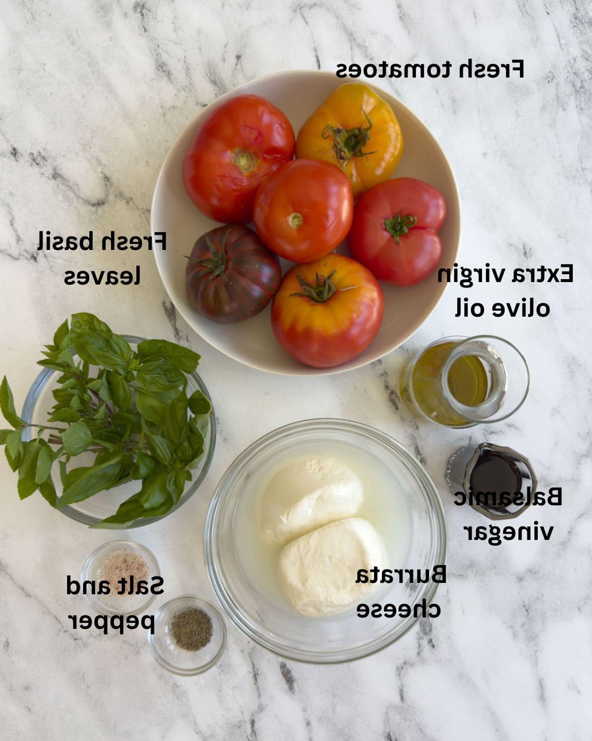 Ingredients for a Caprese salad, colorful tomatoes, olive oil, basil leaves, burrata cheese, balsamic.