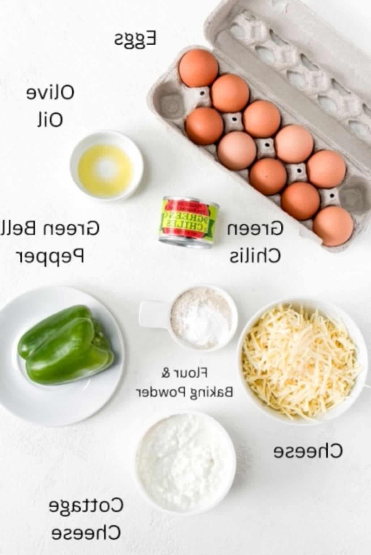 Ingredients to make an egg casserole with green chiles, labeled.