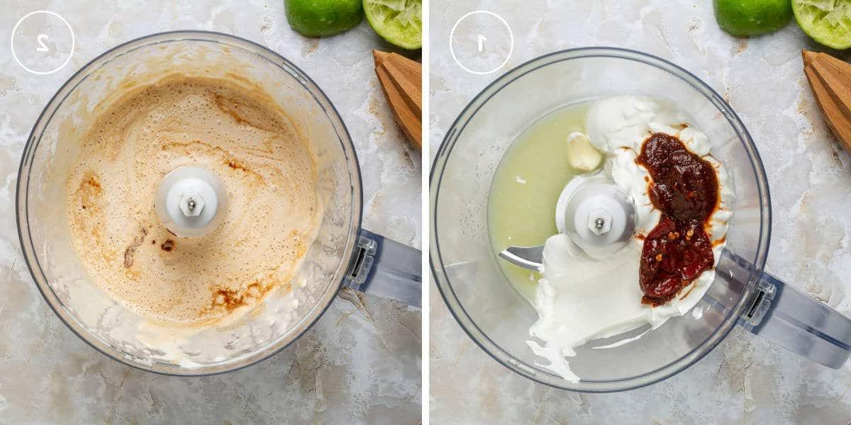 Two steps tutorial for making Mexican chipotle sauce using a food processor.