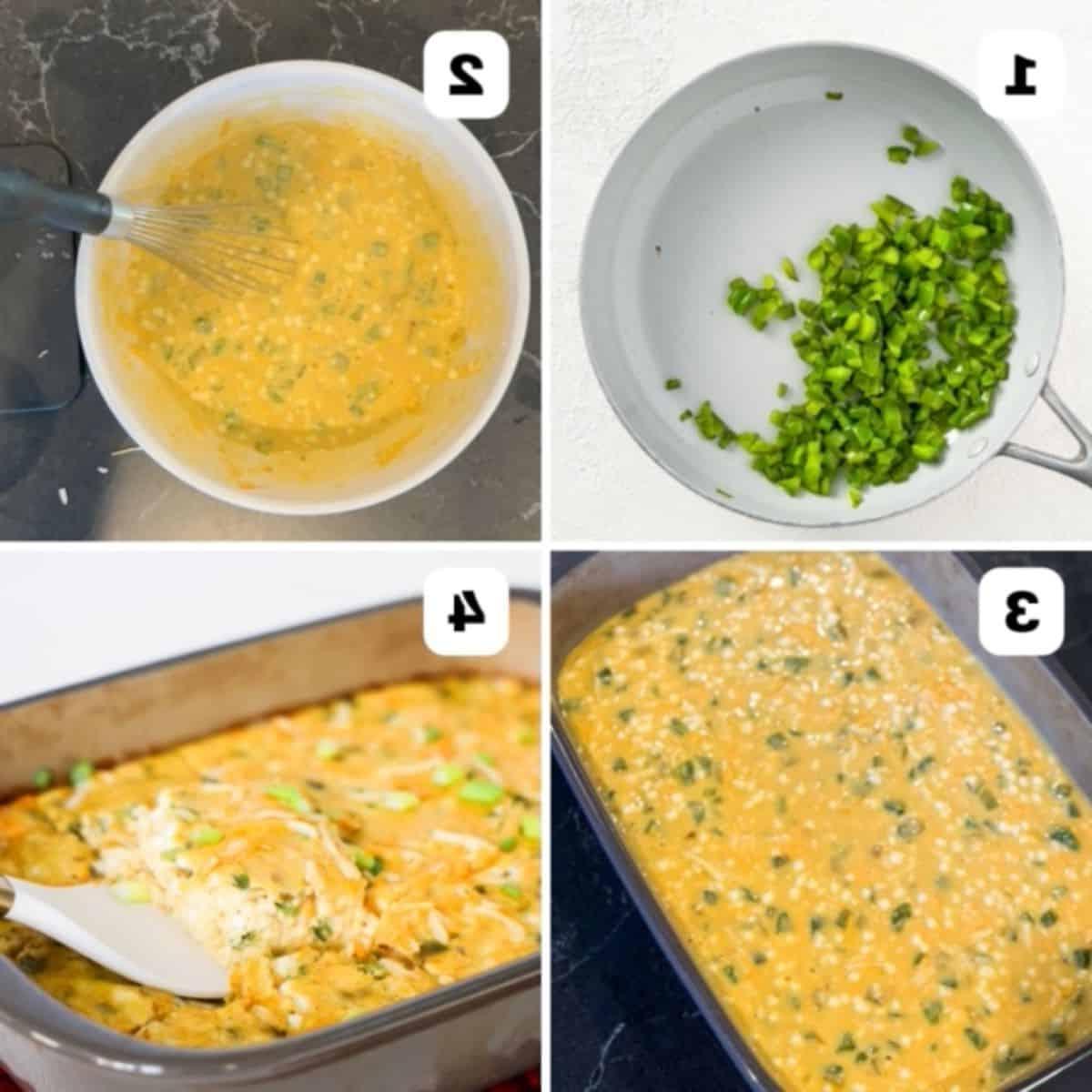 A collage with four numbered images showing how to make an egg casserole with green chiles.