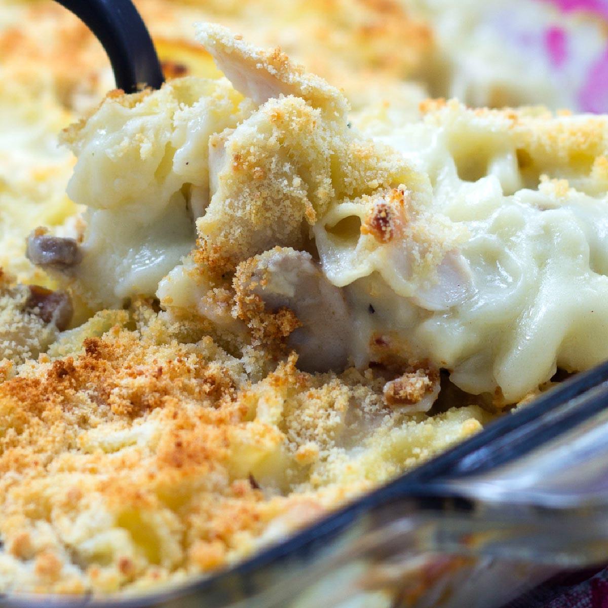 A dish of Savory Chicken and Mushroom Bake